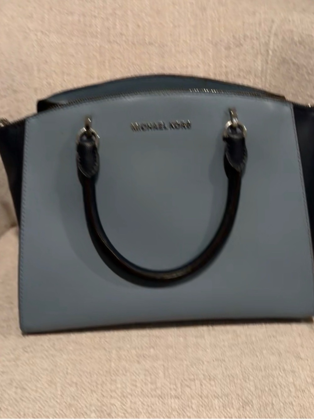 Michael Kors Light Blue and Black Leather Satchel